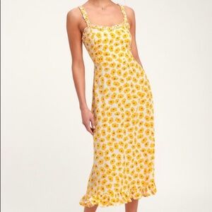 Faithfull Sunflower Cottagecore Midi Dress Size 10 Floral Spring Ruffle Dress